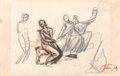 Tre sittande figurer och en stående figur